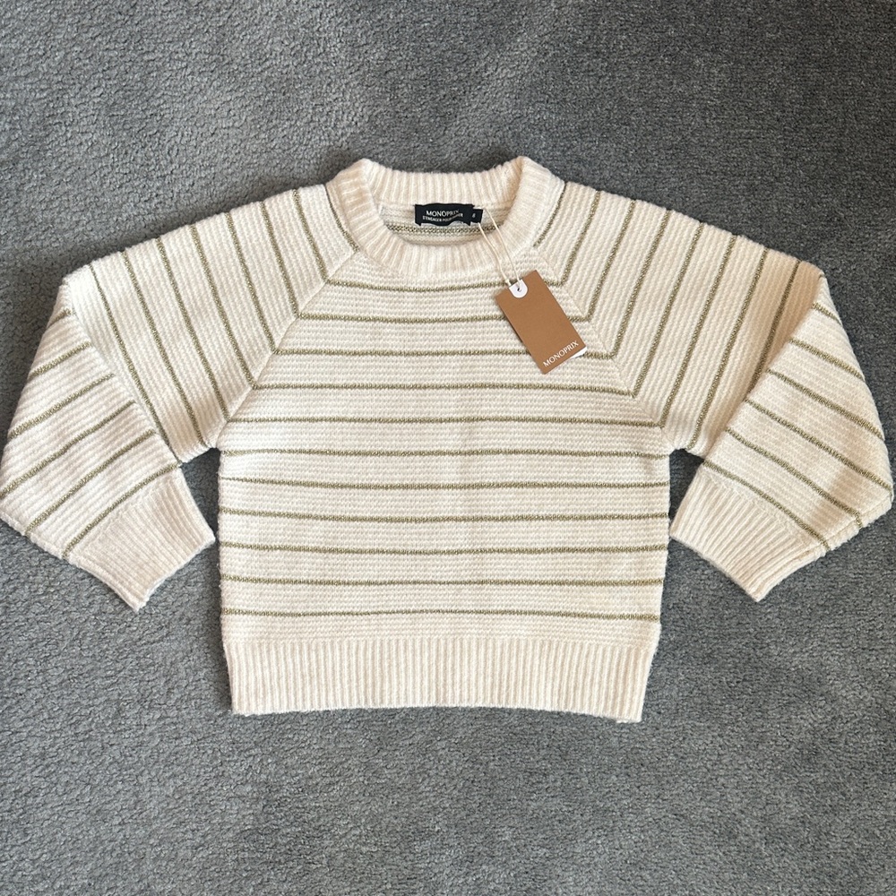 Monoprix Cream and Gold Striped Pullover Sweater